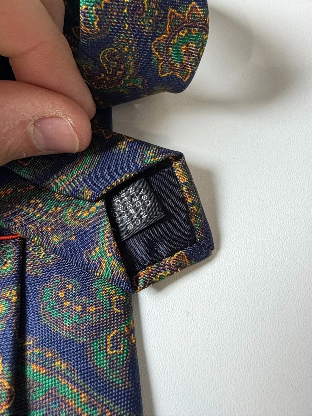 J. Crew Hand Made in USA 100% Silk Navy Paisley Silk Tie Green and Gold Motif